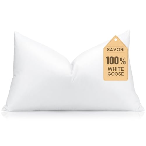 SAVORI Down Feather Throw Pillow Inserts 12x20 Euro Pillow Inserts, Soft Fluffy Throw Pillows with Cotton Cover, Decorative Throw Pillows for Couch Sofa Bed-White