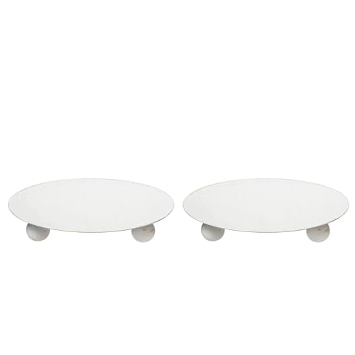 Hosley Set of 2 Whitewashed Iron Pillar Candle Holder Plates – 4-Inch Decorative Round Trays for Pillar Candles – Ideal for Weddings, Special Occasions, Home Décor, and Pedestal Displays