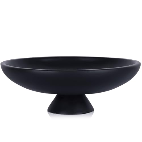 QIANLING Large Black Decorative Bowl, Modern Resin Pedestal Fruit Bowl, Matte Footed Centerpiece for Kitchen Counter, Coffee Table, Entryway Key Catch All, Home Decor