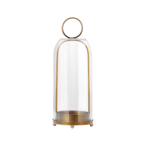16" High Versatile Modern Metal Hurricane Lantern with Handmade Sturdy Glass Dome in Antique Brass for Pillar Candle & Plants, Industrial, Farmhouse, Shabby Chic (Brass, 6.3"x16.5")
