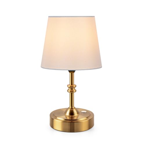 ONEWISH Small Cordless Lamp Dimmable-Battery Operated Table lamp, 4000mAh Rechargeable, Touch Bedside Lamp with White Fabric Shade, 2700K Bulb Included, for Dining, Patio, Bathroom(Gold)