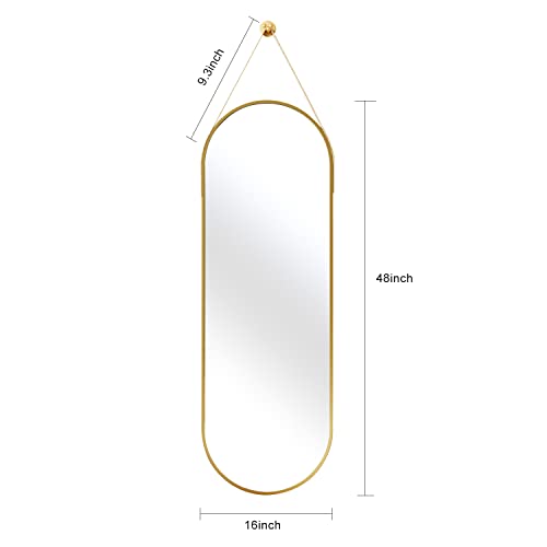 OGCAU 48'' x 16'' Full Length Mirror Wall-Mounted, Full Body Hanging Mirror for Wall and Door in Bedroom, Living Room, Oval with Straps, Hanging with Aluminum Alloy Frame (Oval Gold)