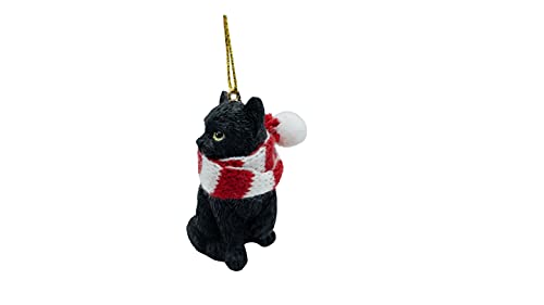 Black Longhair Tabby Kitty Cat Christmas Tree Ornament with Candy Cane Scarf