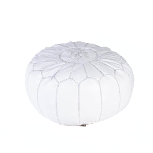 Handmade Moroccan Embroidered Leather Pouf | Delivered Unstuffed | Ottoman, Footstool, Footrest, Hassock, Floor Cushion | Matching Thread (White)