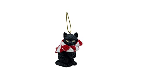 Black Longhair Tabby Kitty Cat Christmas Tree Ornament with Candy Cane Scarf