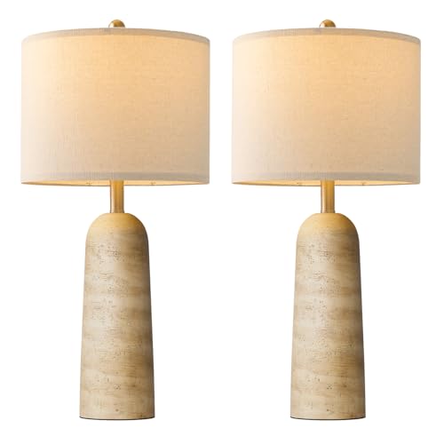 BOBOMOMO Modern Table Lamp Set of 2, Warm Beige Resin Lamp with Natural Stone Look, 27.25" Lamps for Living Room with Linen Shades, Bedside Lamp for Bedroom, Living Room, Nightstand, Entryway