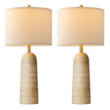 BOBOMOMO Modern Table Lamp Set of 2, Warm Beige Resin Lamp with Natural Stone Look, 27.25" Lamps for Living Room with Linen Shades, Bedside Lamp for Bedroom, Living Room, Nightstand, Entryway
