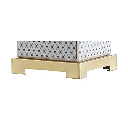 JONATHAN Y 21.5" White and Navy Blue Ceramic Ginger Jar LED Table Lamp, Modern Chinoiserie Fishnet Pattern with White Linen Shade and Brass Gold Base, LED Bulb Included JYL3043A