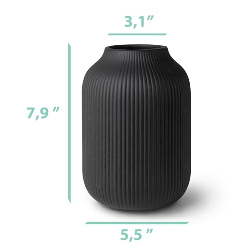 flature Ceramic Vase with Grooves - Waterproof Flower Vase in Matte Black for Fresh Flowers, Dried Flowers, Pampas Grass, Large 7.9" Tall Vase as a Gift, Decoration for Living Room, Bedroom, Office.