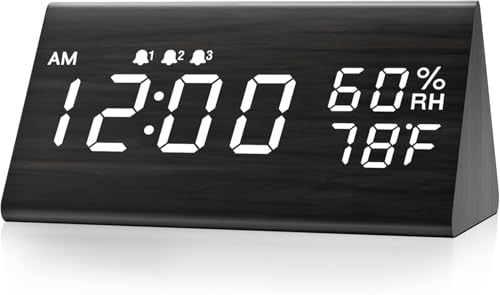 JALL Wooden Digital Alarm Clock for Bedrooms and Office, 3 Alarms with Large Numbers, Humidity and Temperature Display, 6-Level Dimmer, Snooze, Loud Desk Clock for Heavy Sleepers, Plug in (Black)