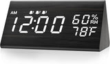JALL Wooden Digital Alarm Clock for Bedrooms and Office, 3 Alarms with Large Numbers, Humidity and Temperature Display, 6-Level Dimmer, Snooze, Loud Desk Clock for Heavy Sleepers, Plug in (Black)