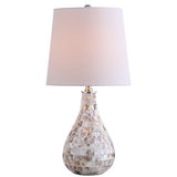 JONATHAN Y 20.5" Seashell Coastal Mini LED Table Lamp for Living Room Office, White Linen Drum Shade, Modern Mother of Pearl Bedside Nightstand Lamp, LED Bulb Included JYL1024A