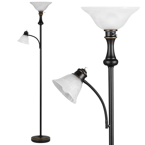 71'' Floor Lamps for Living Room, Tall Floor Lamp for Bedroom with Adjustable Angle Arc Reading lamp, Modern Torchiere Standing lamp with Glass Shade, Knob Switch, Bulb Included, Black