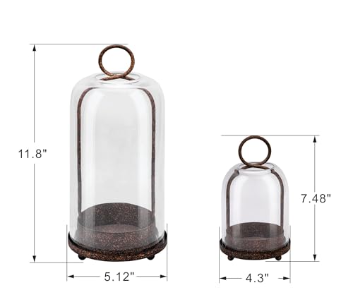 5" & 4" Wide Versatile Metal Candle Holder in Rustic Brown with Handmade Thick, Heavy & Sturdy Glass Dome for Pillar Candle, Industrial, Modern, Shelf, Mantel, Veranda, Porch