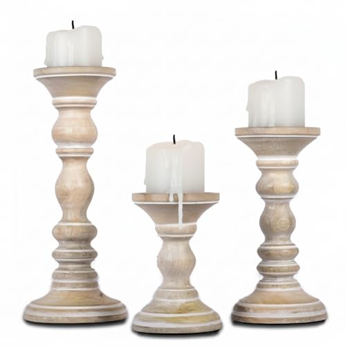 Mango Wood Candle Holders - Whitewash Finish, Set of 3