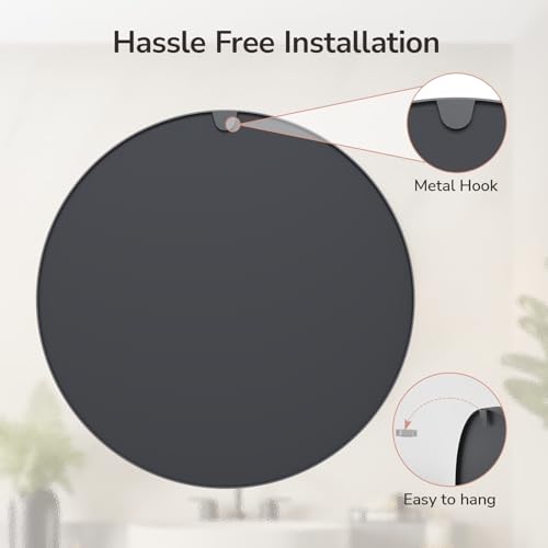 USHOWER Black Round Mirror for Over Sink 24-inch, Circle Bathroom Mirror, Metal Frame Vanity Mirror, Modern Wall Mirror for Entryway Living Room