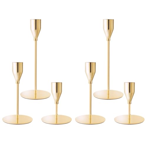French Gold Taper Candle Holders for Wedding Table Centerpiece,Tall Taper Candlestick Holders Bulk Set of 6,Metal Candle Stick Holders for Dinning or Mantel Centerpiece,Party Home Decor