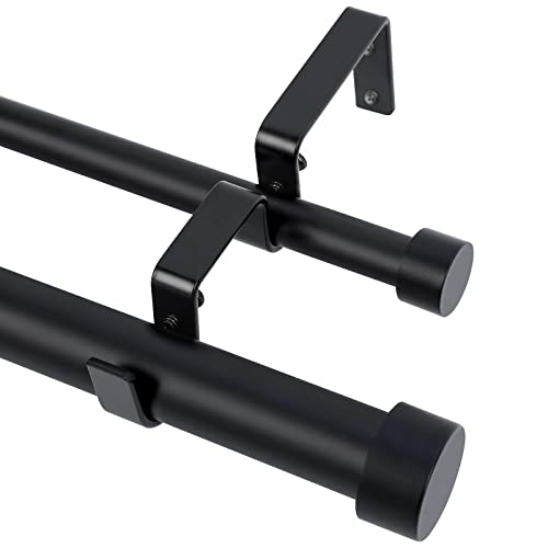 OLV Black Double Curtain Rod, 1 Inch Dual Curtain Rods for Windows 36 to 72 Inch, Heavy Duty Adjustable Telescopic Spliced Window Treatment Rods Set for Living Room Farmhouse