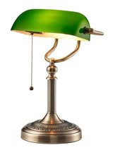 Green Glass Bankers Desk Lamp with Pull Chain Switch Plug in Fixture