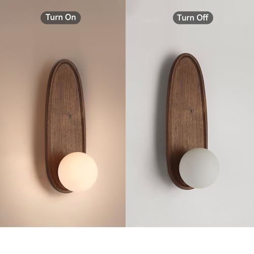 Modern Japanese Solid Wood Wall Sconce, Oval Tray Design, Milk White Glass Globe, Minimalist LED Bedside Lamp, Bedroom Hallway Entryway Reading Nook Foyer Zen Decor Interior Parlor(Brown)