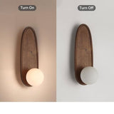 Modern Japanese Solid Wood Wall Sconce, Oval Tray Design, Milk White Glass Globe, Minimalist LED Bedside Lamp, Bedroom Hallway Entryway Reading Nook Foyer Zen Decor Interior Parlor(Brown)