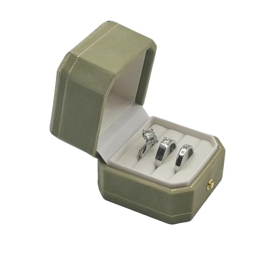 Velvet Ring Box - Octagon Engagement Ring Box with Hinged Lid for Proposal Engagement Wedding, Proposal Ring Case Jewelry Box with Gold Lace PRB003-Green