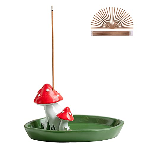 Cute Mushroom Incense Holder with 30 Incense Sticks, Handmade Resin Burner, Nature Theme Incense Tray, Adorable Home Decoration Accessories(Green)