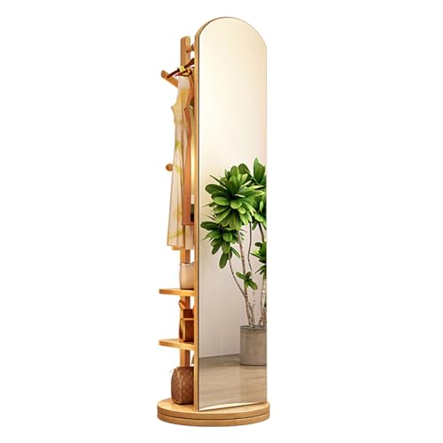 Floor-Standing Solid Wood Rotating Coat Rack，360° Rotating Full Length Mirror with Coat Rack - 2 in 1 Solid Wood Floor Mirror for Bedroom & Living Room, Stylish Space-Saving Design, Function