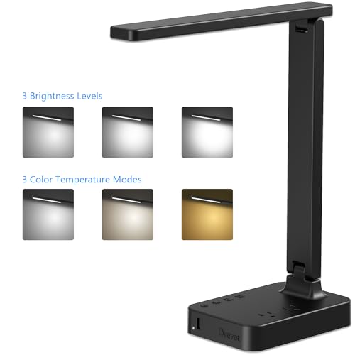 LED Desk Lamp for College Dorm Room, Desk Light with 1 USB Charging Port 2 AC Power Outlet, 3 Lighting Modes, 3 Level Brightness Touch Lamp, Eye-Caring Home Office Foldable Table Lamp