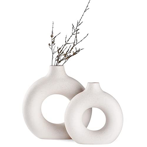 White Ceramic Donut Vase Set of 2, Hollow Matte Pampas Flower Vases for Boho Home Wedding Party Room Dinner Table Shelf Decor.（White）