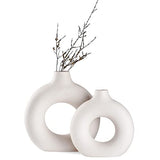 White Ceramic Donut Vase Set of 2, Hollow Matte Pampas Flower Vases for Boho Home Wedding Party Room Dinner Table Shelf Decor.（White）
