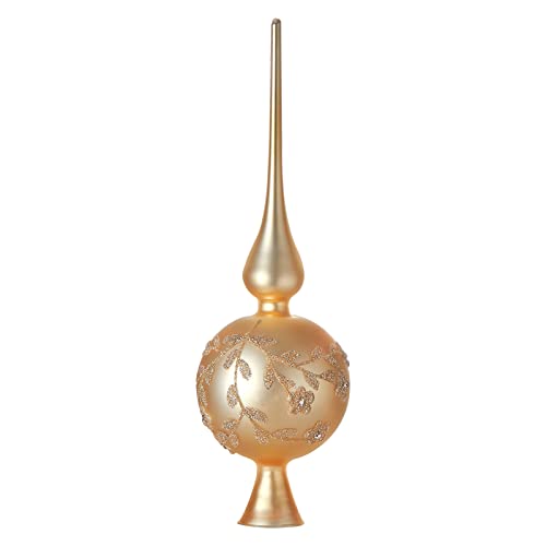 Glass Spherical Christmas Tree Topper Finial Christmas Ornaments with Carved Flowers Holiday Indoor Suitable for Home Party Decoration, 9.8inches, Golden