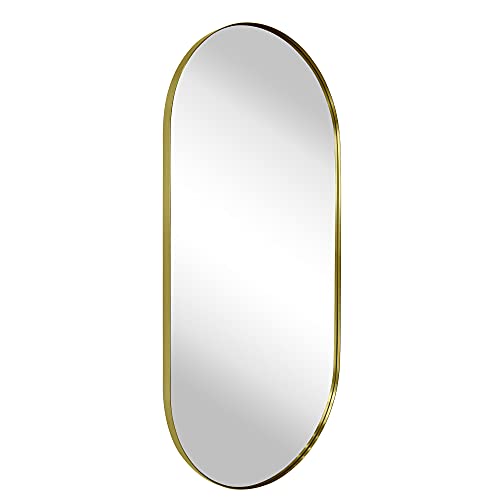 TEHOME Brushed Gold Oval Bathroom Mirror 20x40'' Pill Shaped Oblong Vanity Mirror Metal Framed Capsule Mirror for Wall in Stainless Steel Rounded Mirrors for Wall Mounted