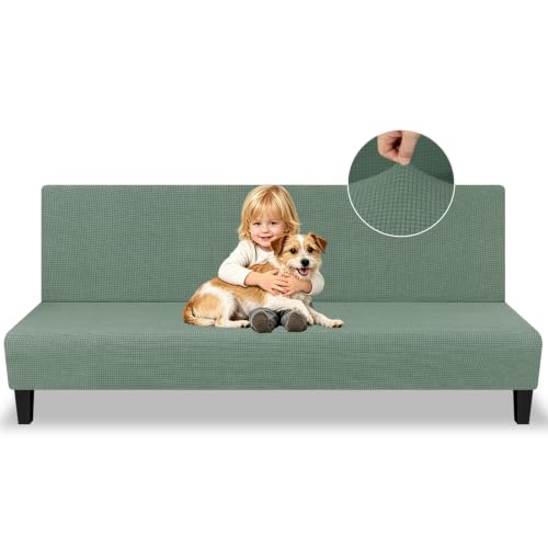 MAXIJIN Stretch Armless Futon Cover Full Size Sofa Bed Covers (67"-82") | Stretch Futon Couch Slipcovers Furniture Protector with Elastic Band,Washable Jacquard Fabric Small Checks, Pea Green