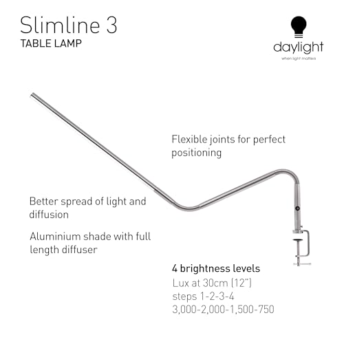 Daylight Company, LLC U35108 Slimline 3 Table Lamp-LED-80 CRI-Eye Care-4 Brightness Levels, 3,000 LUX at 30 cm, 1,065 LUMENS-4 Step DIMMER Mode, Brushed Steel, 25.6 x 30 x .8