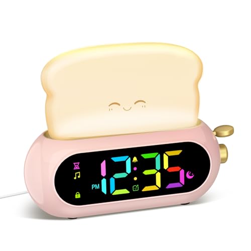 Netzu Alarm Clock for Kids, OK to Wake Clock with Night Light and Sound Machine, Pink Clock with 10 RGB Color, 6 Alarm Tones, Nap Timer, Snooze, Bedside Clocks for Girls Kids Teens Birthday Gifts
