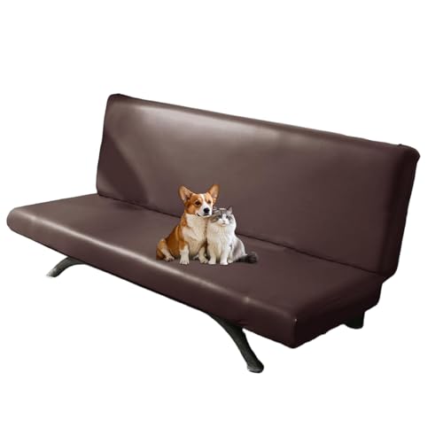 PU Leather Armless Sofa Cover Waterproof Futon Covers Full Size Furniture Protector Sofa Bed Slipcovers for Living Room Brown Medium
