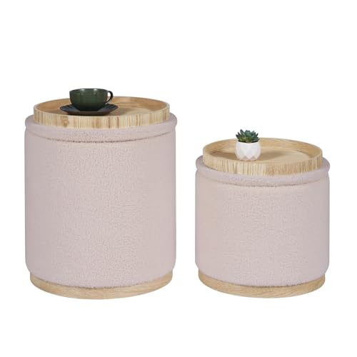 Round Storage Ottoman Set of 2, Beige Boucle Stools with Tray
