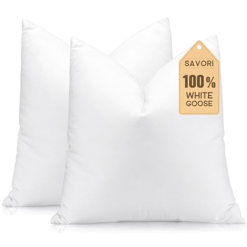 SAVORI Set of 2 Down and Feather Throw Pillow Inserts 22x22 Soft Fluffy Pillow Inserts with 100% Down-Proof Cotton Cover, Decorative Square Cushion Inner for Sofa Couch Bed-White