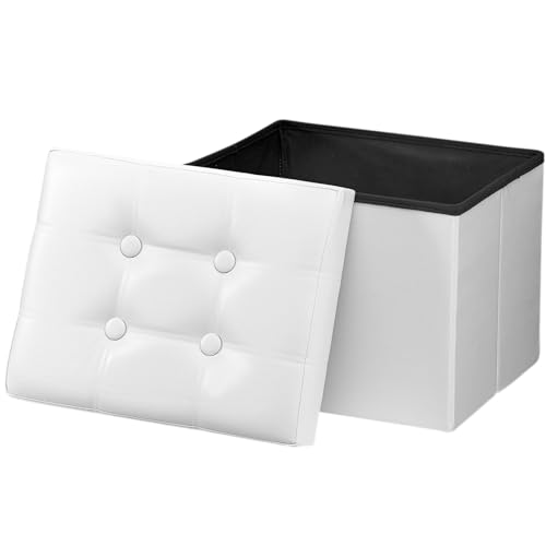 Bsketa Storage Ottoman Bench,17 Inch Folding Leather Foot Rest Stool,White