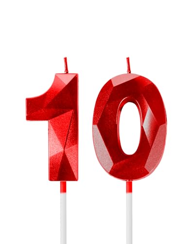 Red Birthday Candles for Cake, Number 10 Candle for 10th Birthday Decorations, 3D Design Cake Topper Decorations for Boy Girl Women Men Birthday Theme Party Anniversary Celebration Supplies