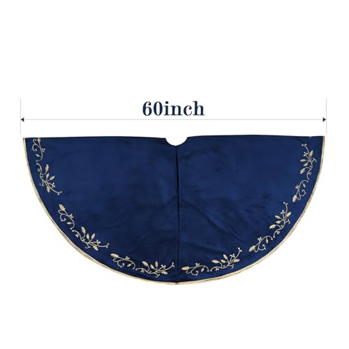 Bunny Chorus Christmas Tree Skirt, 60 inches Large Velvet Fur Plush Blue Tree Skirt, Xmas Tree Skirts with Gold Embroidered Holly Leaf for Merry Christmas Party Christmas Tree Decorations