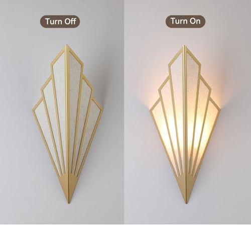 Modern Art Deco Wall Sconce, Iron Fan Shaped Wall Light Fixture, Minimalist Linen Fabric Sconce with Metal Accents, Hardwired Wall Lamp for Bedroom Living Room Hallway Corridor Parlor(Gold)