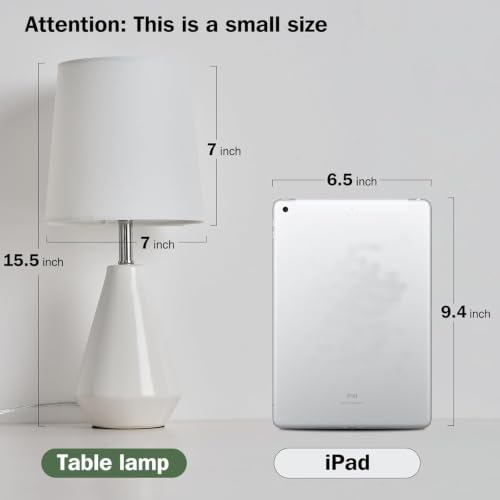 Small Bedside Table Lamp for Bedroom - Reading Desk Lamp with 3 Color Temperatures，15.5" Nightstand Ceramic Lamp with Fabric Shade for Kids Room,Living Room,Dorm,Home Office (White)