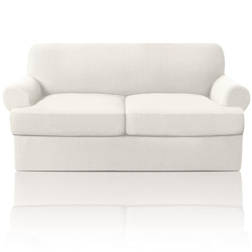 PrinceDeco T Cushion Loveseat Slipcover - 3 Pieces Sofa Cover for 2 Cushion Couch with 2 Individual T Shape Seat Covers Width Up to 76 Inch - Stretch, Machine Washable, Porcelain