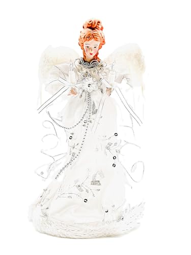 Vickerman Ice Palace Lighted White and Silver Angel Christmas Tree Topper with Clear Lights, 12"