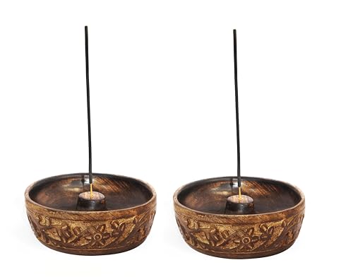 COTTON CRAFT - Wooden Incense Holder - 2 Pack Hand Carved Floral Incense Burner - Ash Catcher Bowl - Incense Sticks Aroma Room Freshener Zen Home Décor Gift - Yoga Meditation - 5 x 5 x 1.5 - Natural