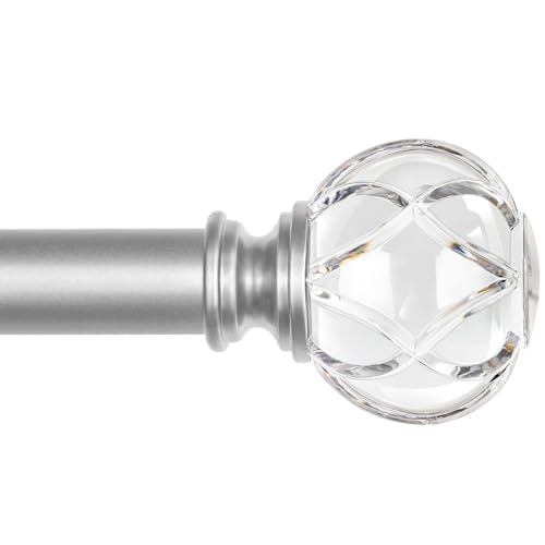 KAMANINA Silver Crystal Curtain Rod 72 to 144 Inches (6-12 Feet), 1 Inch Heavy Duty Curtain Rods for Windows, Telescoping Long Drapery Rods with Acrylic Diamond Netted Texture Finials