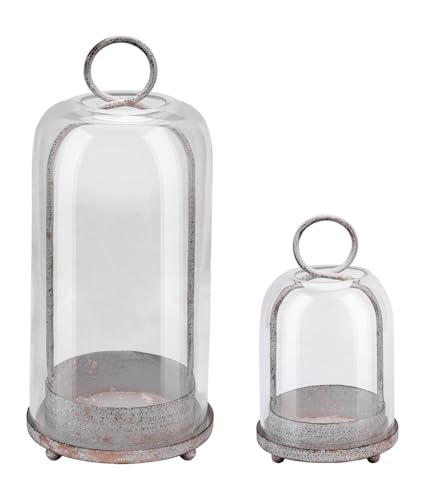 5" & 4" Wide Versatile Metal Candle Holder in Shabby White with Handmade Thick, Heavy & Sturdy Glass Dome for Pillar Candle, Industrial, Modern, Shelf, Mantel, Veranda, Porch