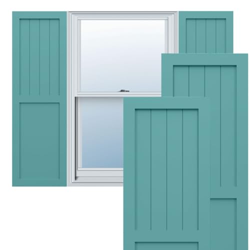 Ekena Millwork 15"W x 29"H True Fit PVC Farmhouse/Flat Panel Combination Fixed Mount Shutters, Pure Turquoise (Per Pair - Hardware Not Included)
